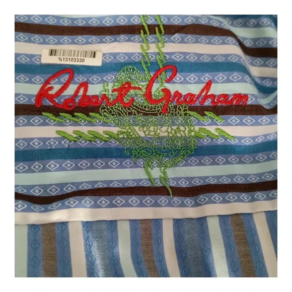 Robert Graham Embroidered Shirt Button Front Striped Diamond Men's XL - Picture 6 of 9